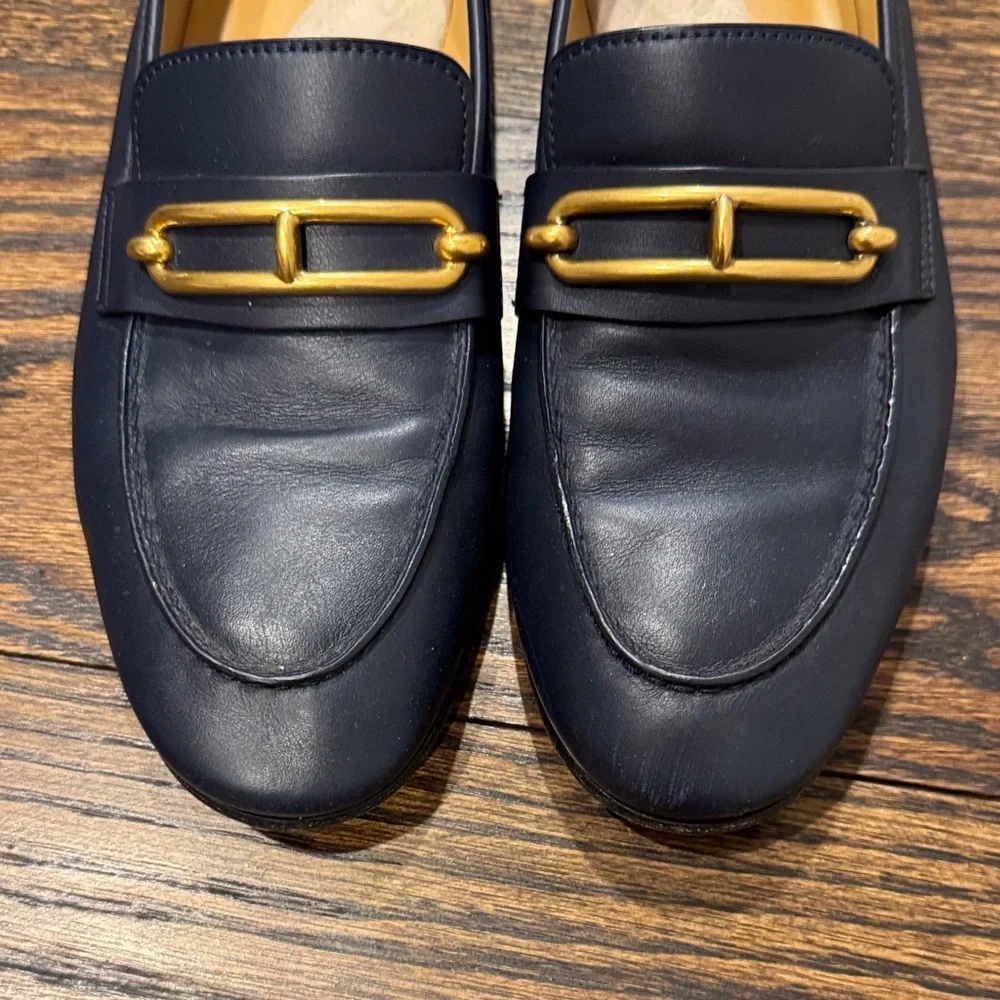 Hermes Colette Navy Blue Loafers with Gold Accent - Picture 5 of 11